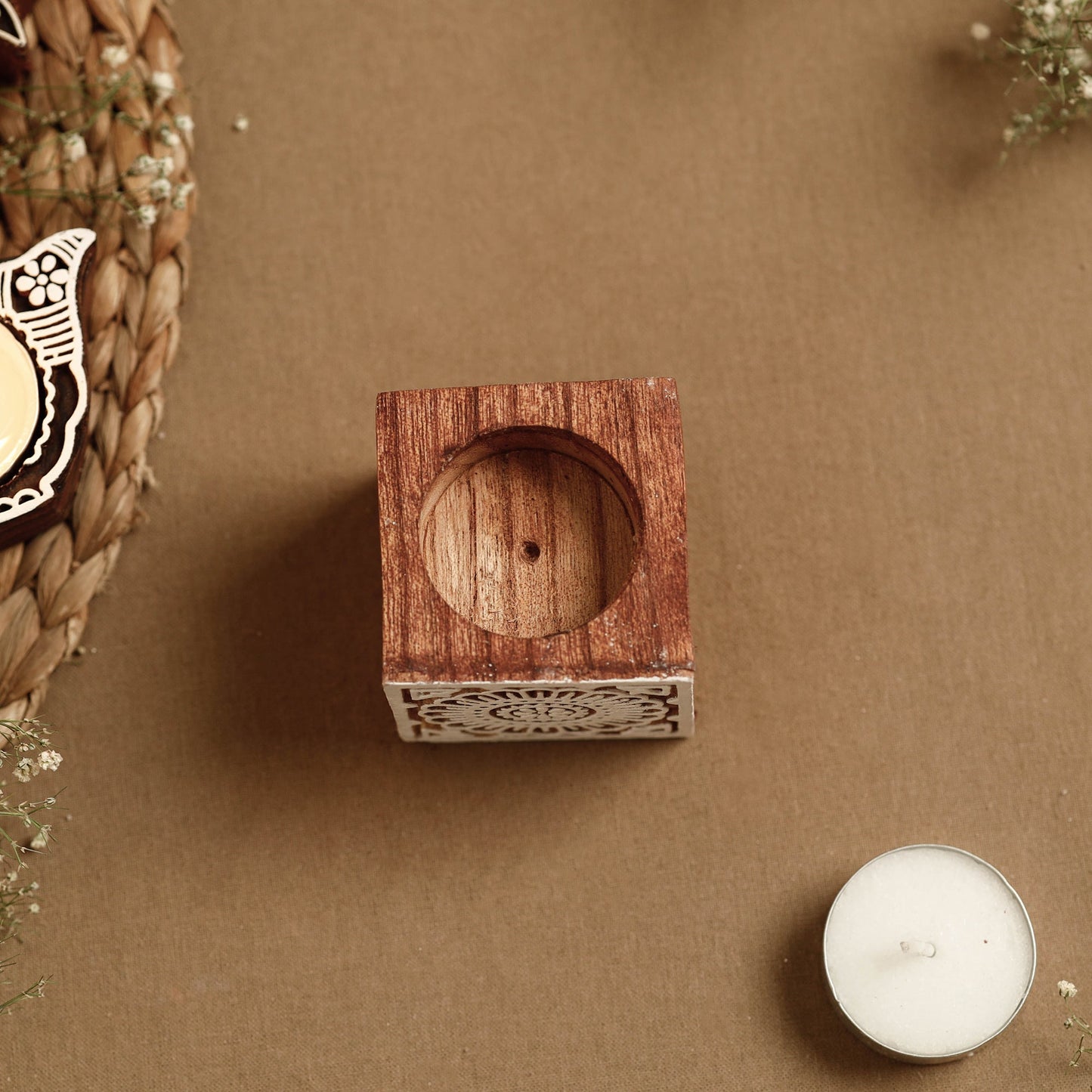 Hand Carved Sheesham Wood Block Tealight Candle Holder Online at iTokri.com