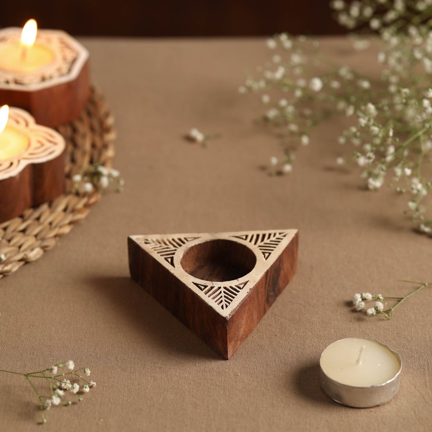 Hand Carved Sheesham Wood Block Tealight Candle Holder Online at iTokri.com