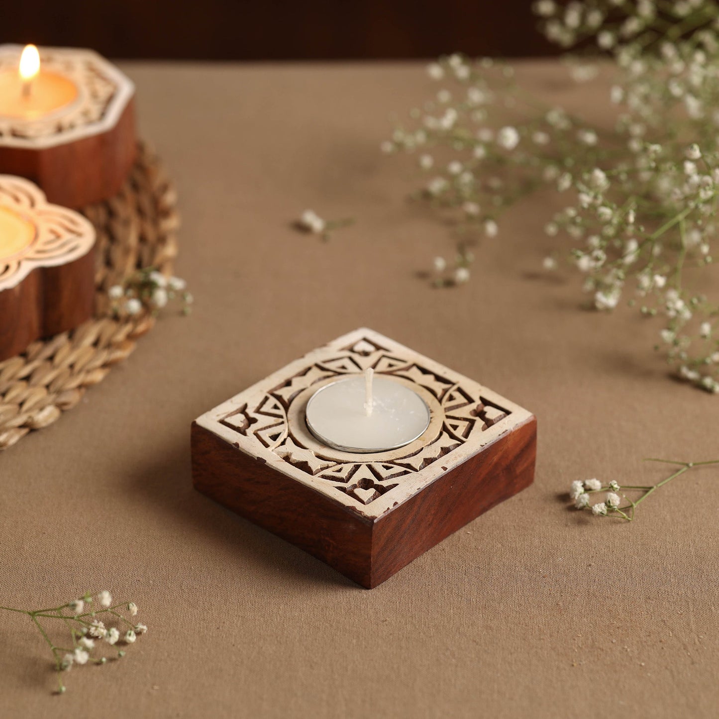 Hand Carved Sheesham Wood Block Tealight Candle Holder Online in India l iTokri.com
