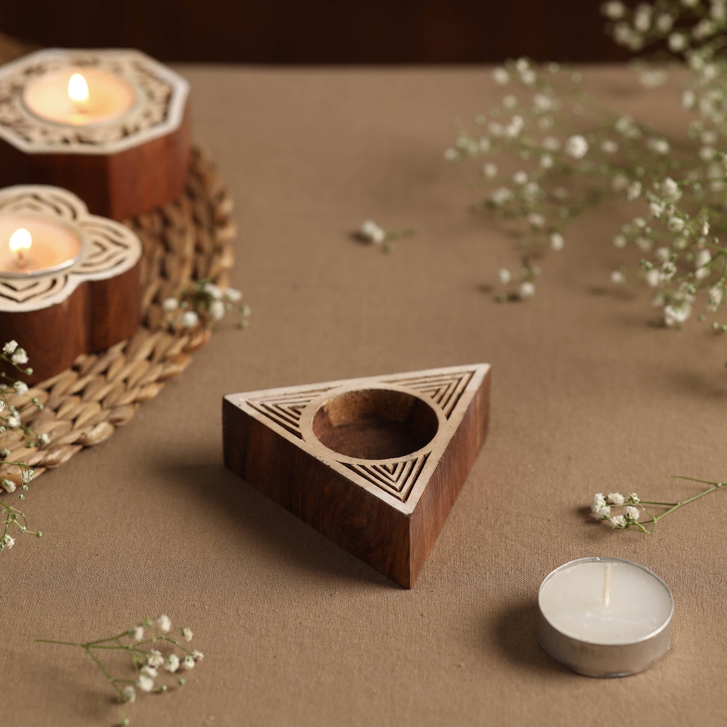 Hand Carved Sheesham Wood Block Tealight Candle Holder Online at iTokri.com