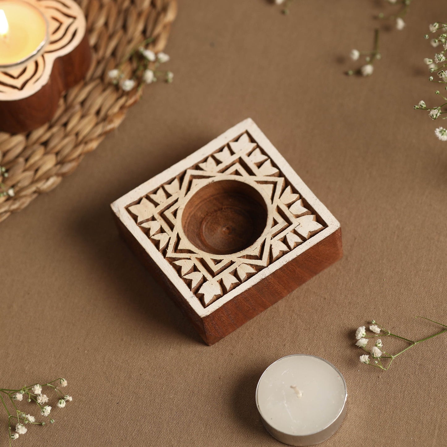 Hand Carved Sheesham Wood Block Tealight Candle Holder Online at iTokri.com