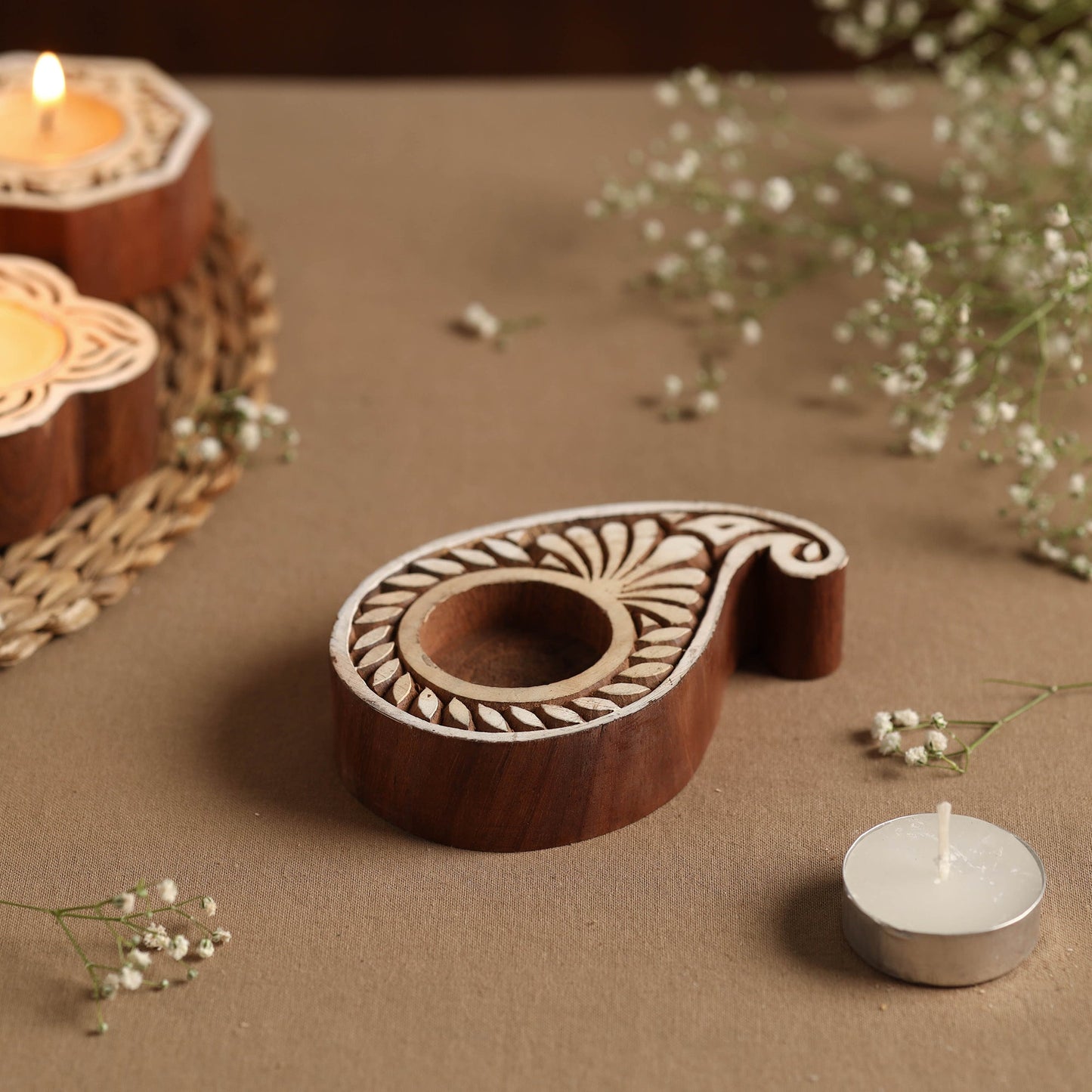 Hand Carved Sheesham Wood Block Tealight Candle Holder Online at iTokri.com