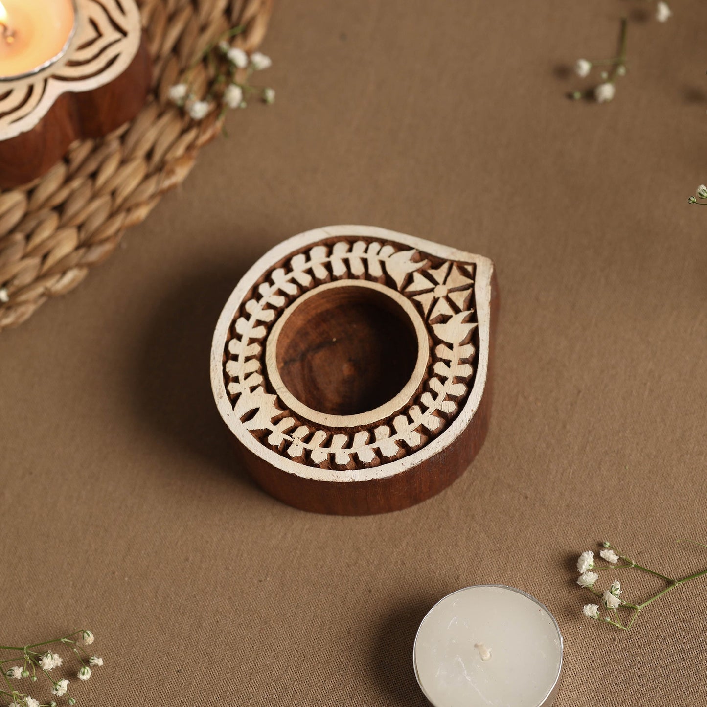 Hand Carved Sheesham Wood Block Tealight Candle Holder Online at iTokri.com