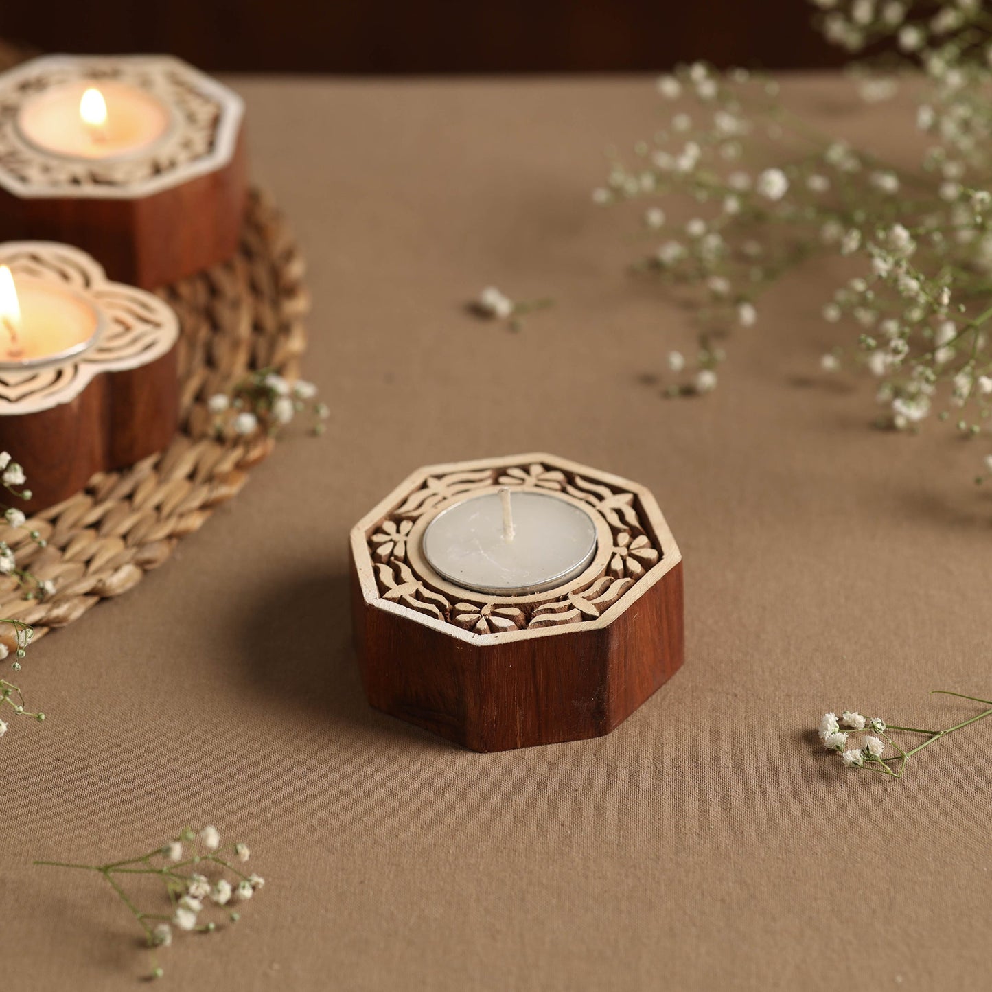 Hand Carved Sheesham Wood Block Tealight Candle Holder Online at iTokri.com