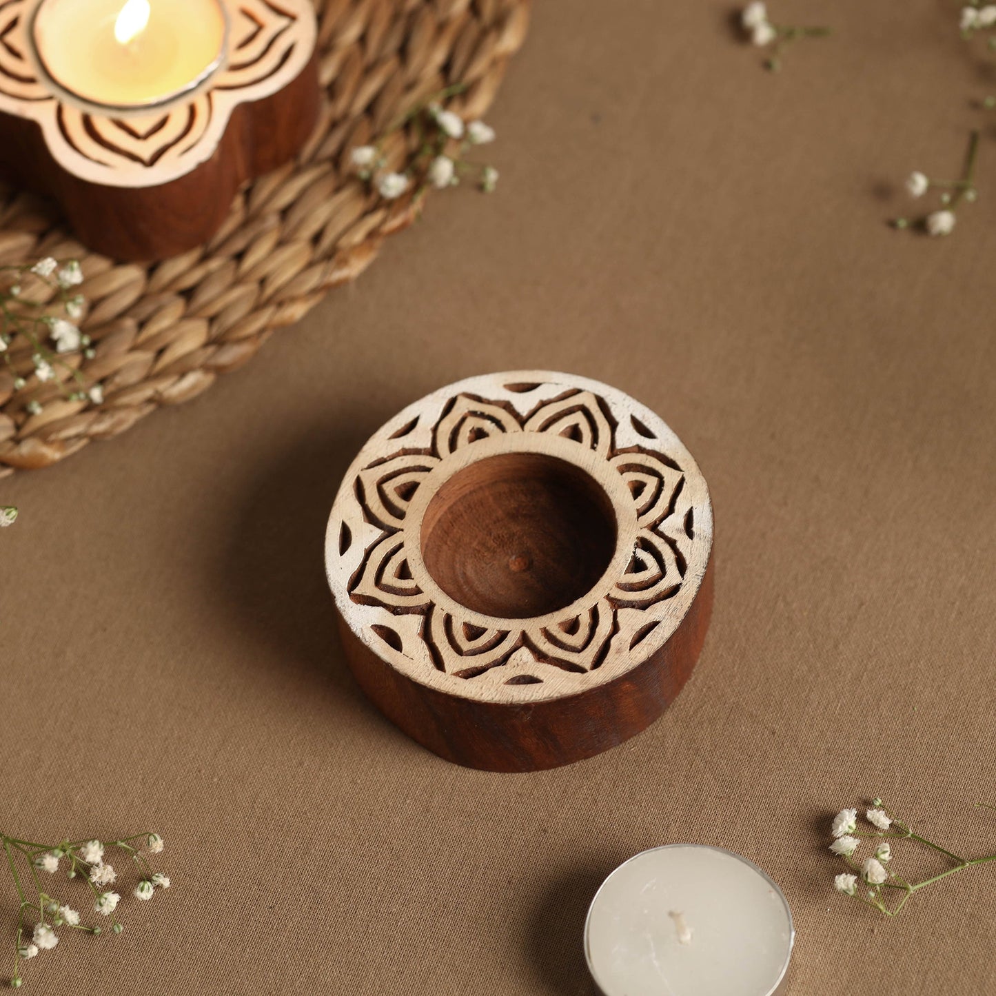 Hand Carved Sheesham Wood Block Tealight Candle Holder Online at iTokri.com
