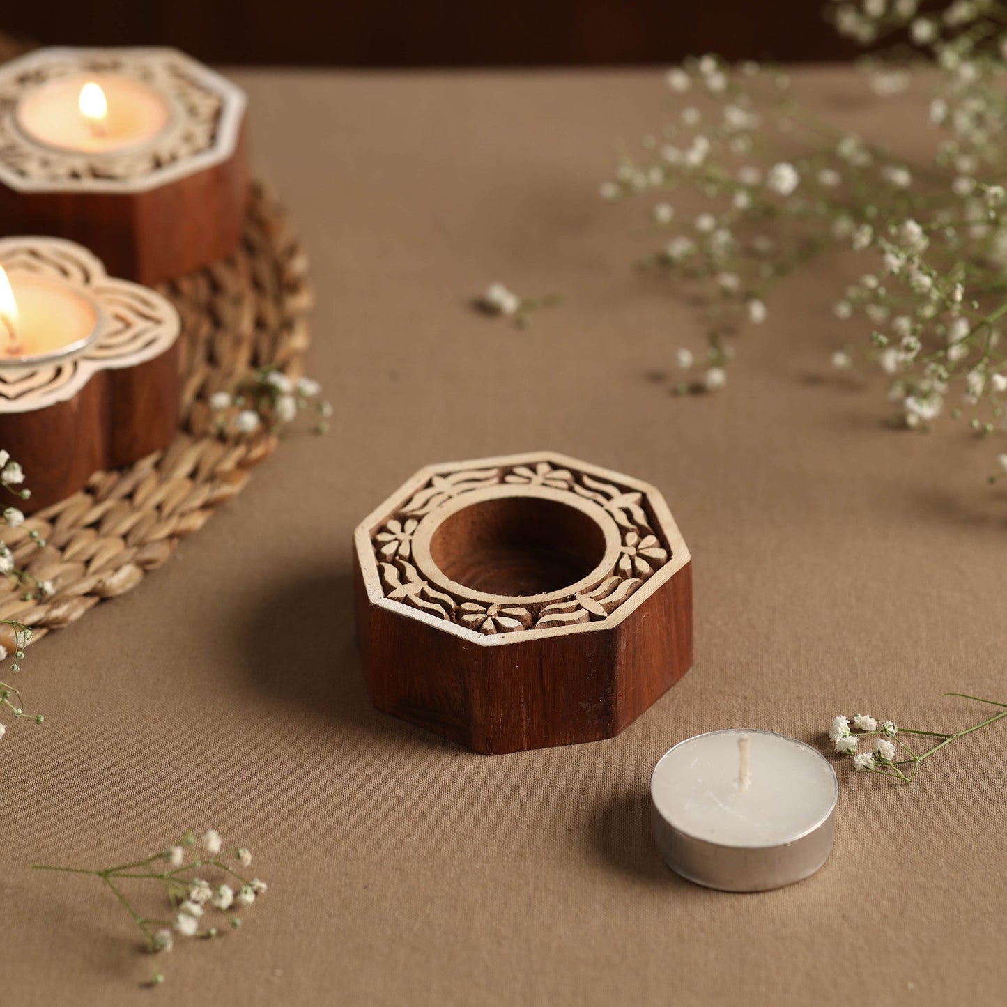 Hand Carved Sheesham Wood Block Tealight Candle Holder Online at iTokri.com