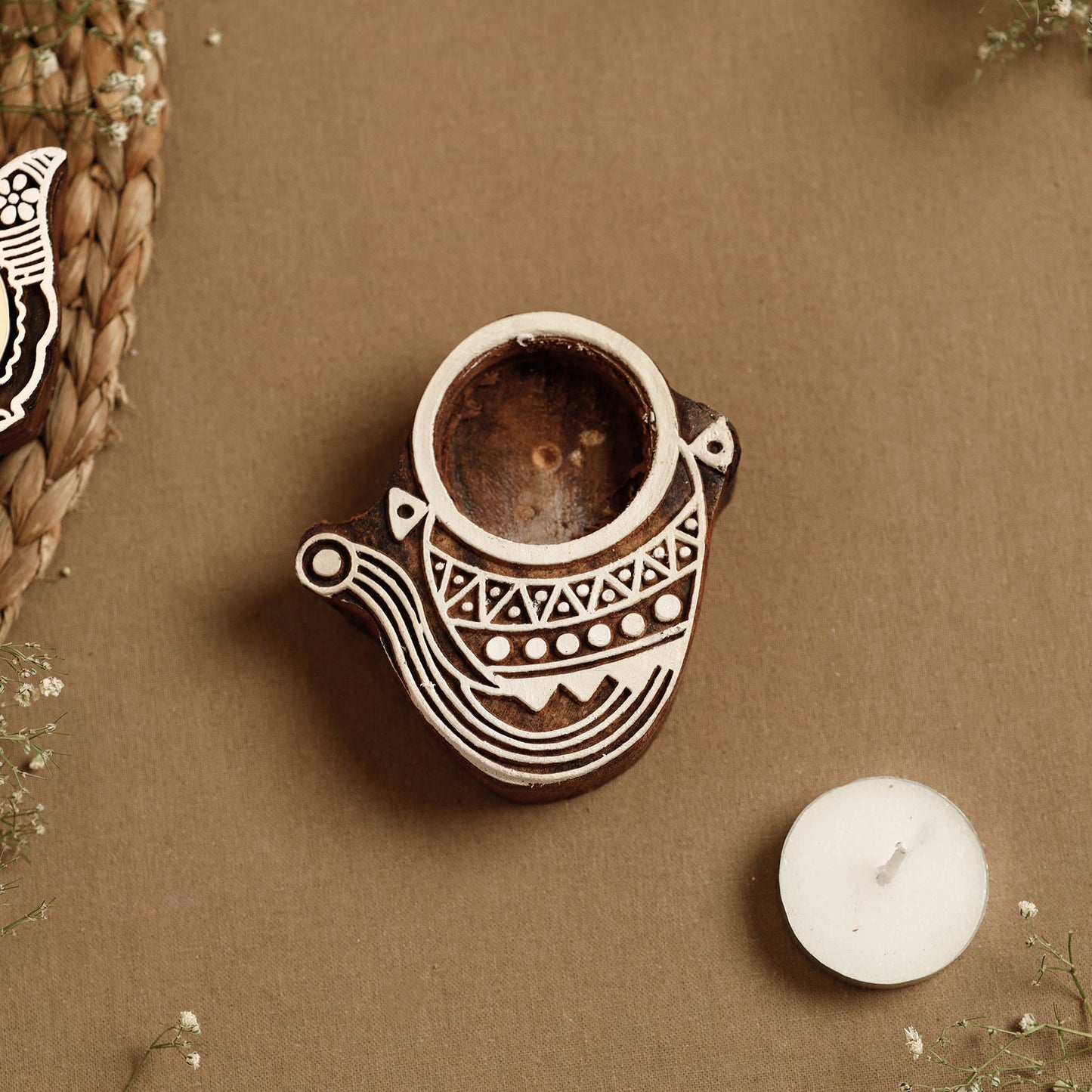 Hand Carved Sheesham Wood Block Tealight Candle Holder Online at iTokri.com