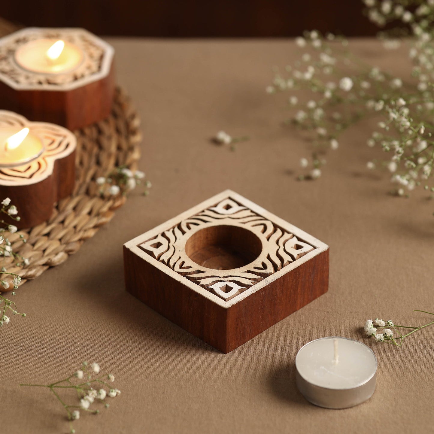 Hand Carved Sheesham Wood Block Tealight Candle Holder Online at iTokri.com