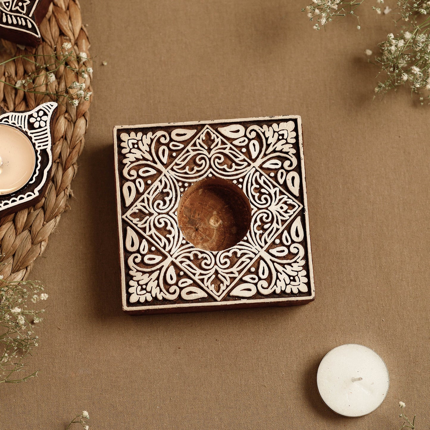 Hand Carved Sheesham Wood Block Tealight Candle Holder Online at iTokri.com