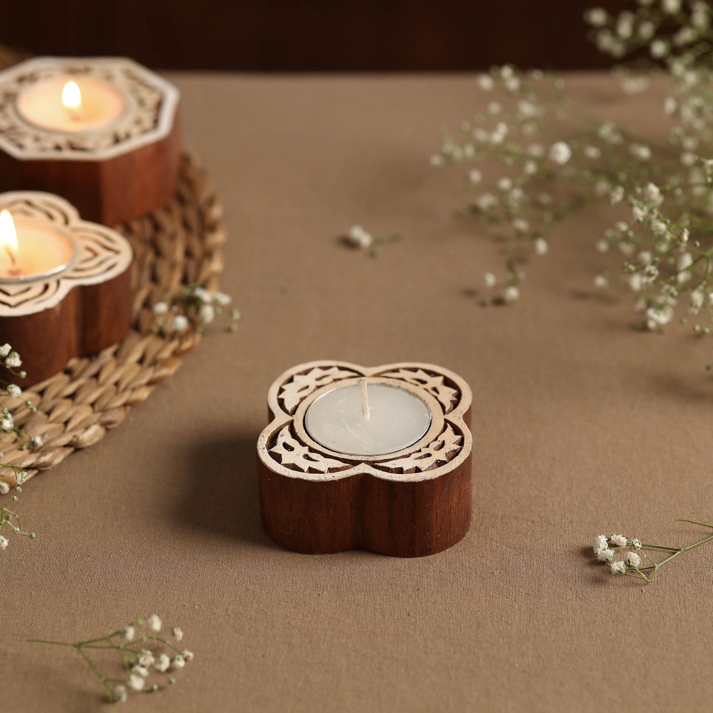 Hand Carved Sheesham Wood Block Tealight Candle Holder Online at iTokri.com