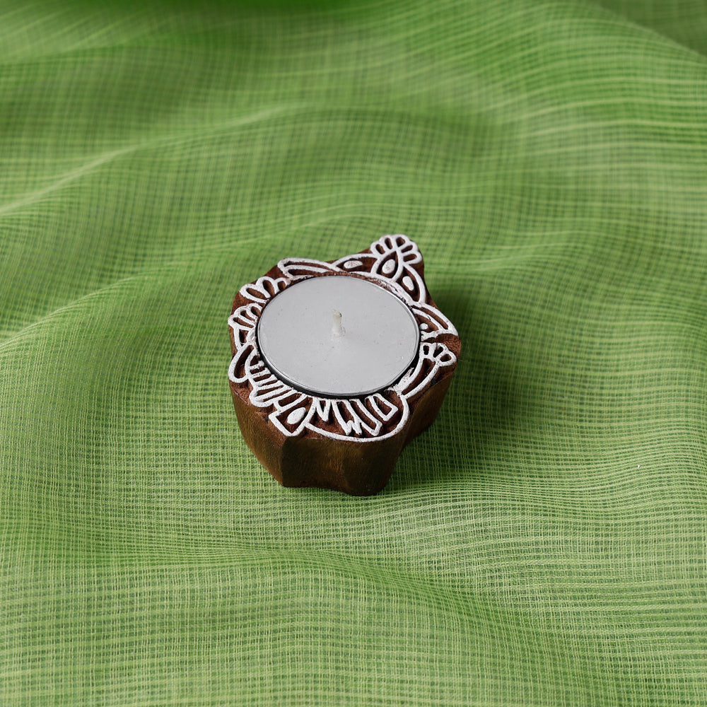 Hand Carved Sheesham Wood Block Tealight Candle Holder Online at iTokri.com