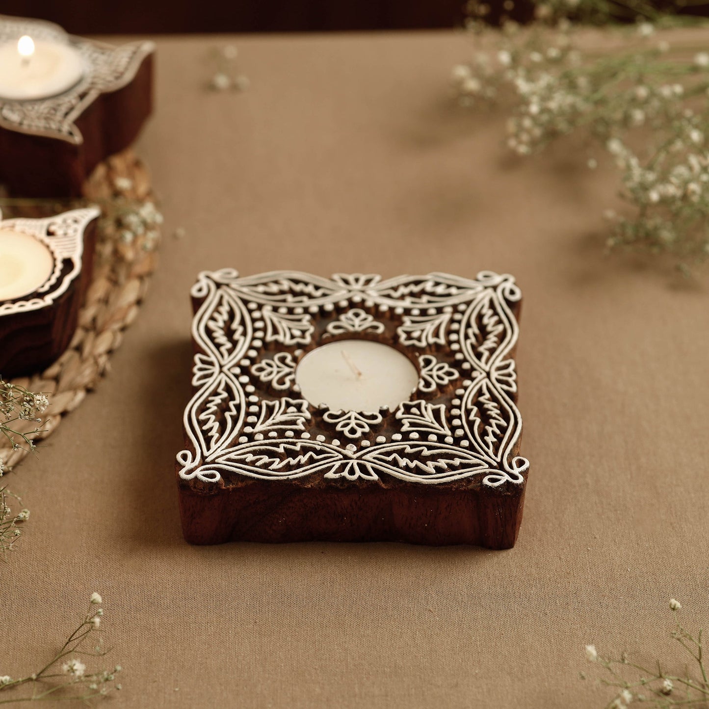 Hand Carved Sheesham Wood Block Tealight Candle Holder Online at iTokri.com