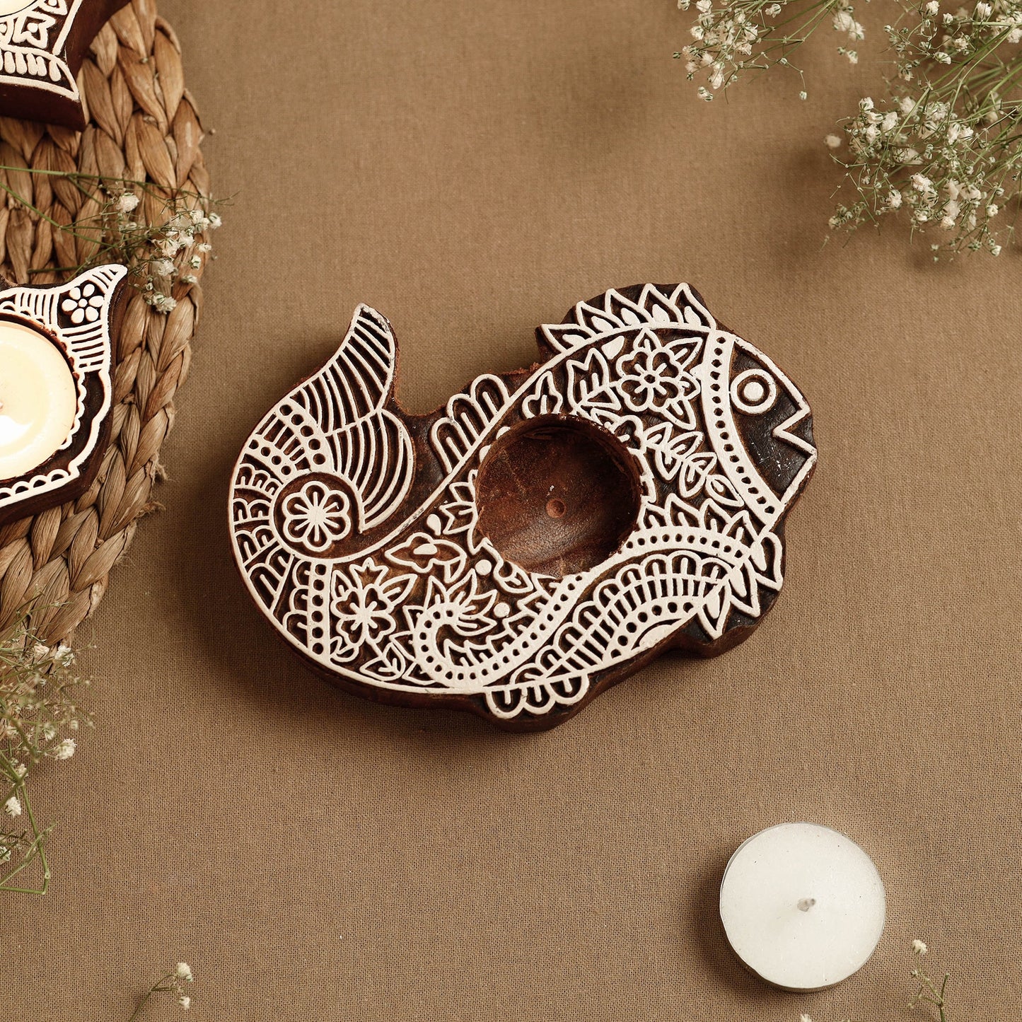 Hand Carved Sheesham Wood Block Tealight Candle Holder Online at iTokri.com