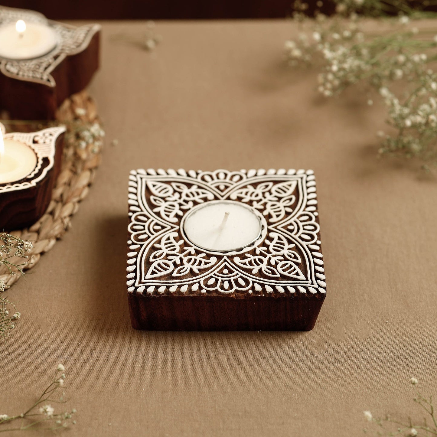 Hand Carved Sheesham Wood Block Tealight Candle Holder Online at iTokri.com