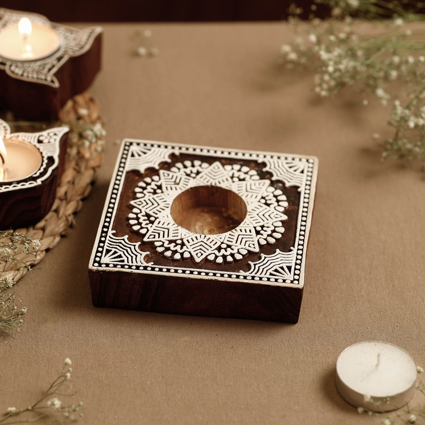 Hand Carved Sheesham Wood Block Tealight Candle Holder Online at iTokri.com