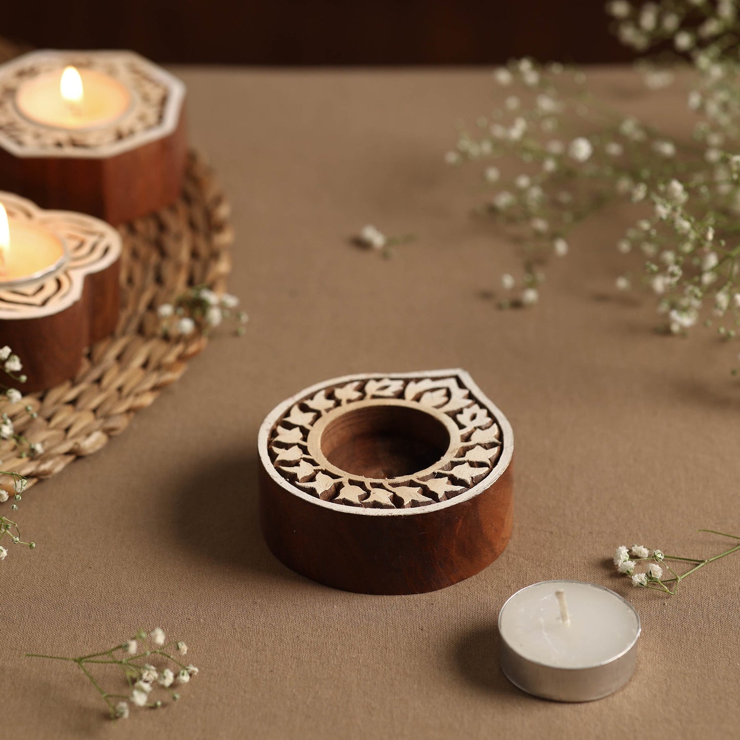 Hand Carved Sheesham Wood Block Tealight Candle Holder Online at iTokri.com