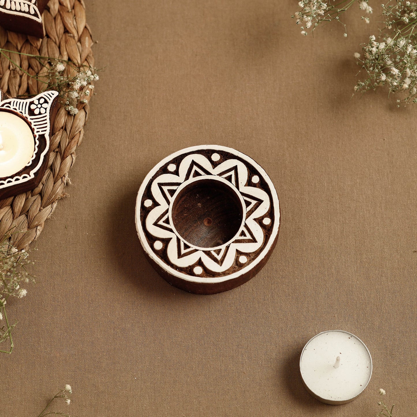 Hand Carved Sheesham Wood Block Tealight Candle Holder Online at iTokri.com