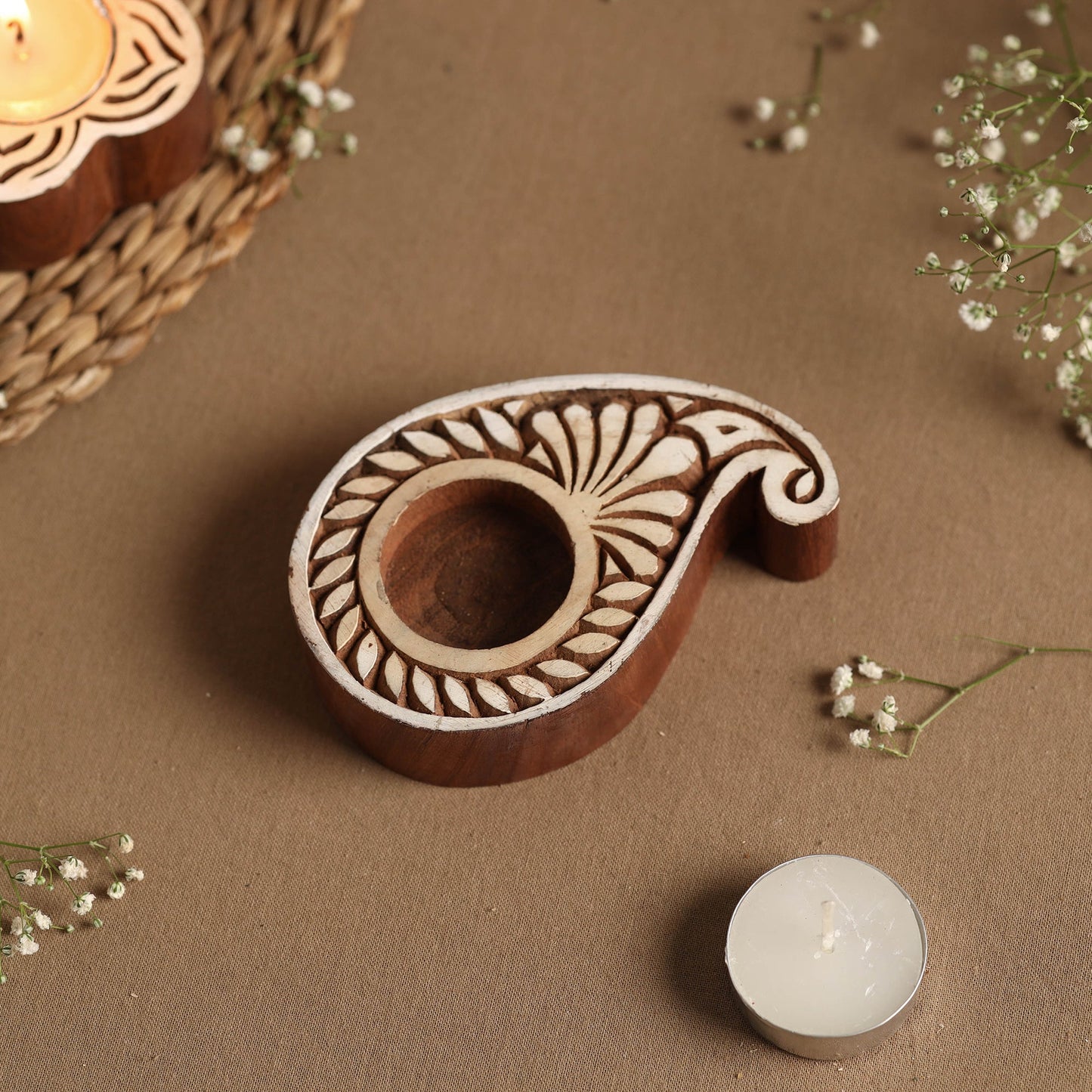 Hand Carved Sheesham Wood Block Tealight Candle Holder Online at iTokri.com