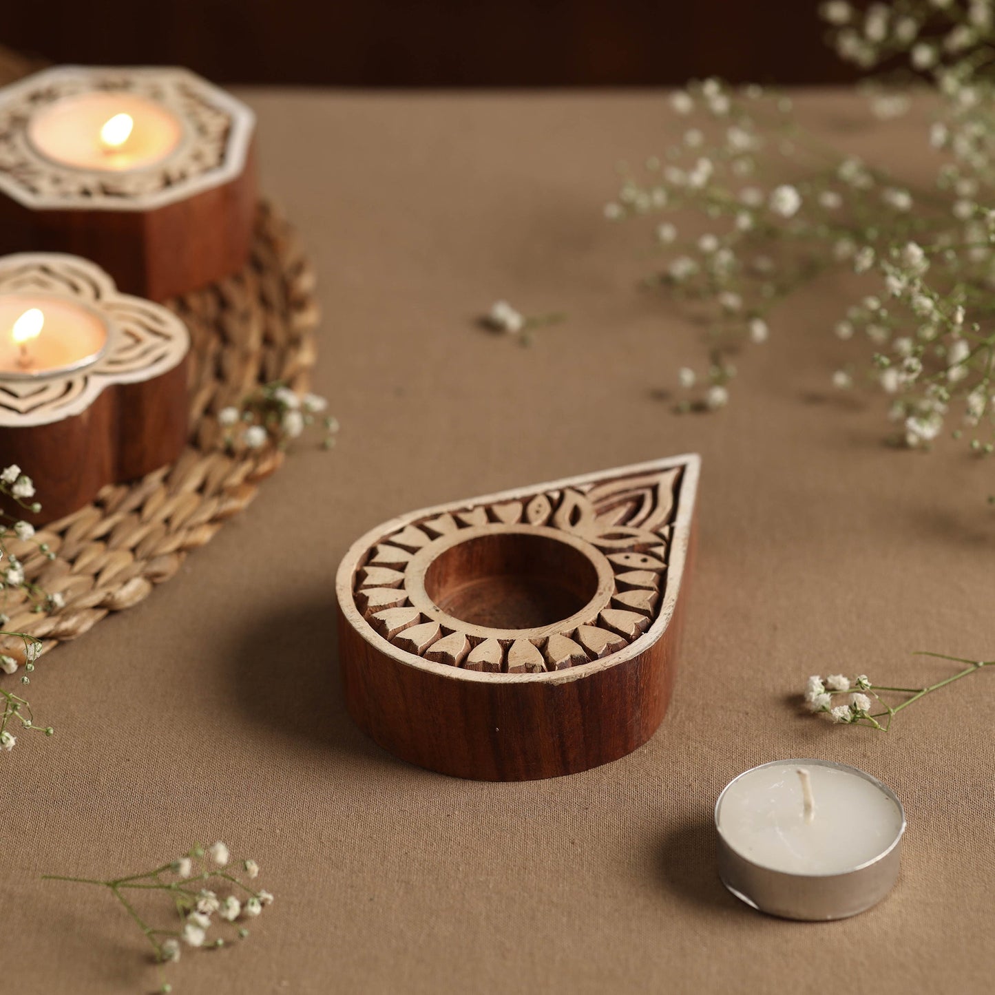 Hand Carved Sheesham Wood Block Tealight Candle Holder Online at iTokri.com