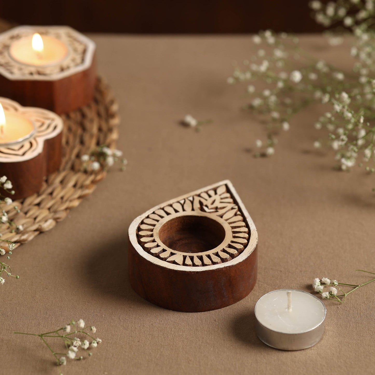 Hand Carved Sheesham Wood Block Tealight Candle Holder Online at iTokri.com