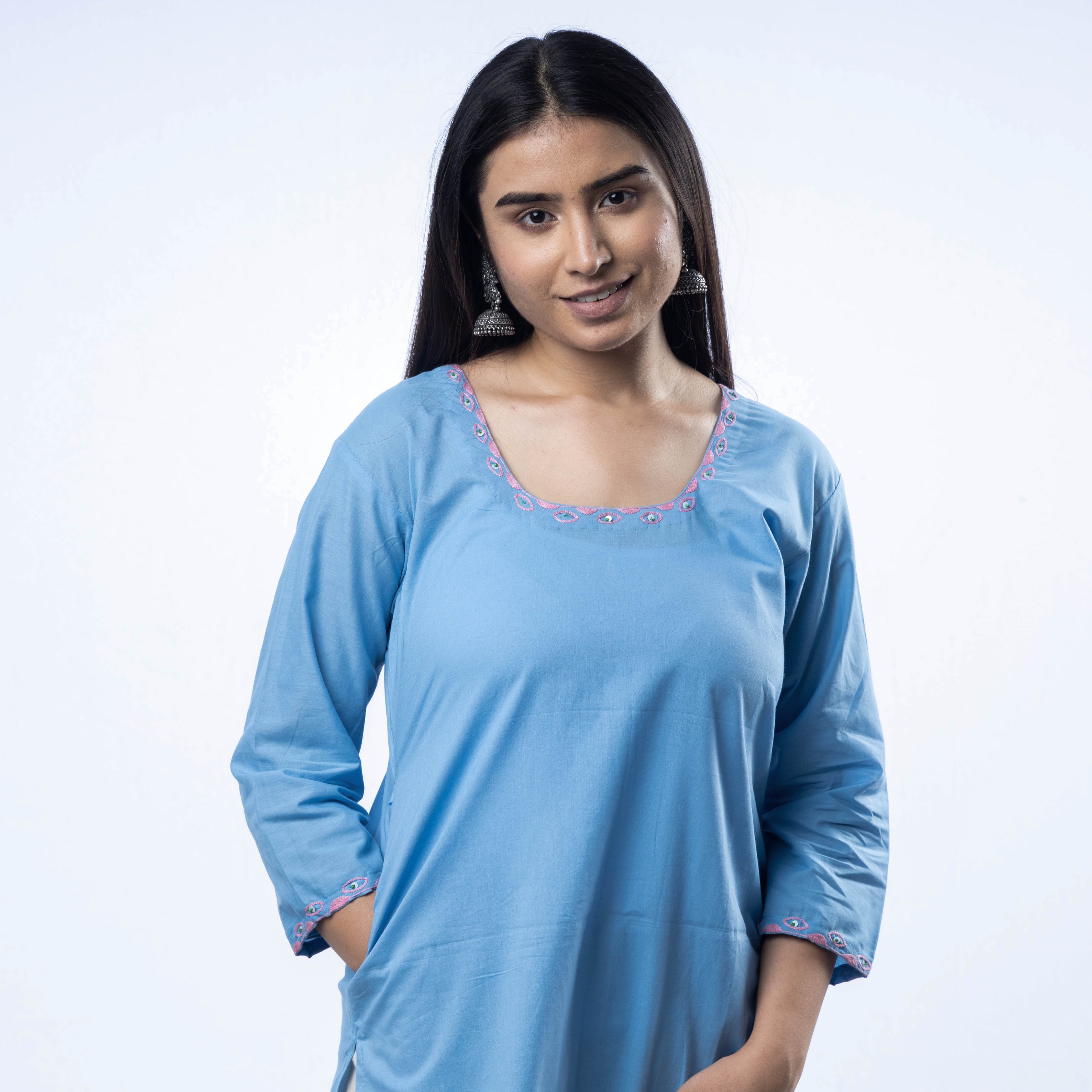 Hand Embroidered Baby Blue Cotton Long Straight Kurta