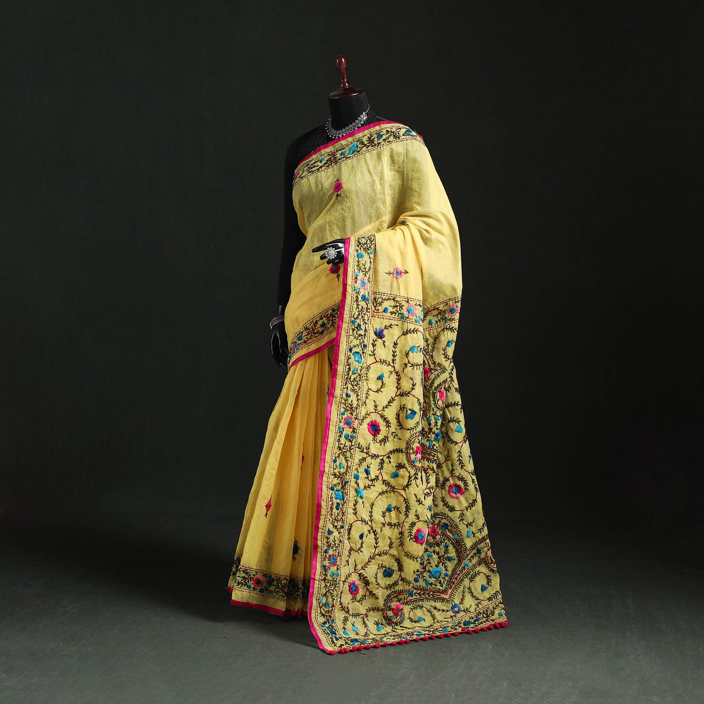 Hand embroidered chanderi silk chapa work phulkari saree 24