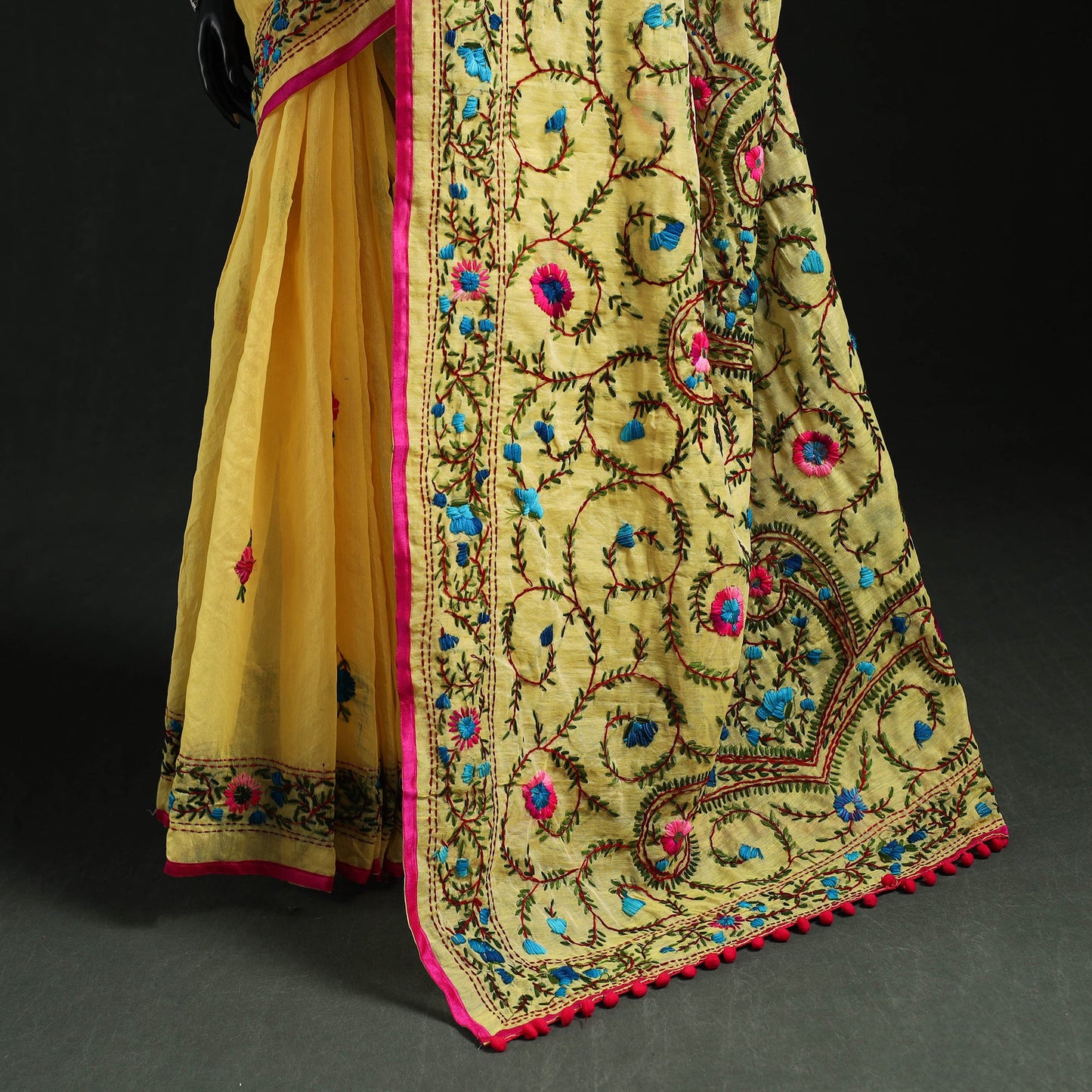 Hand embroidered chanderi silk chapa work phulkari saree 24