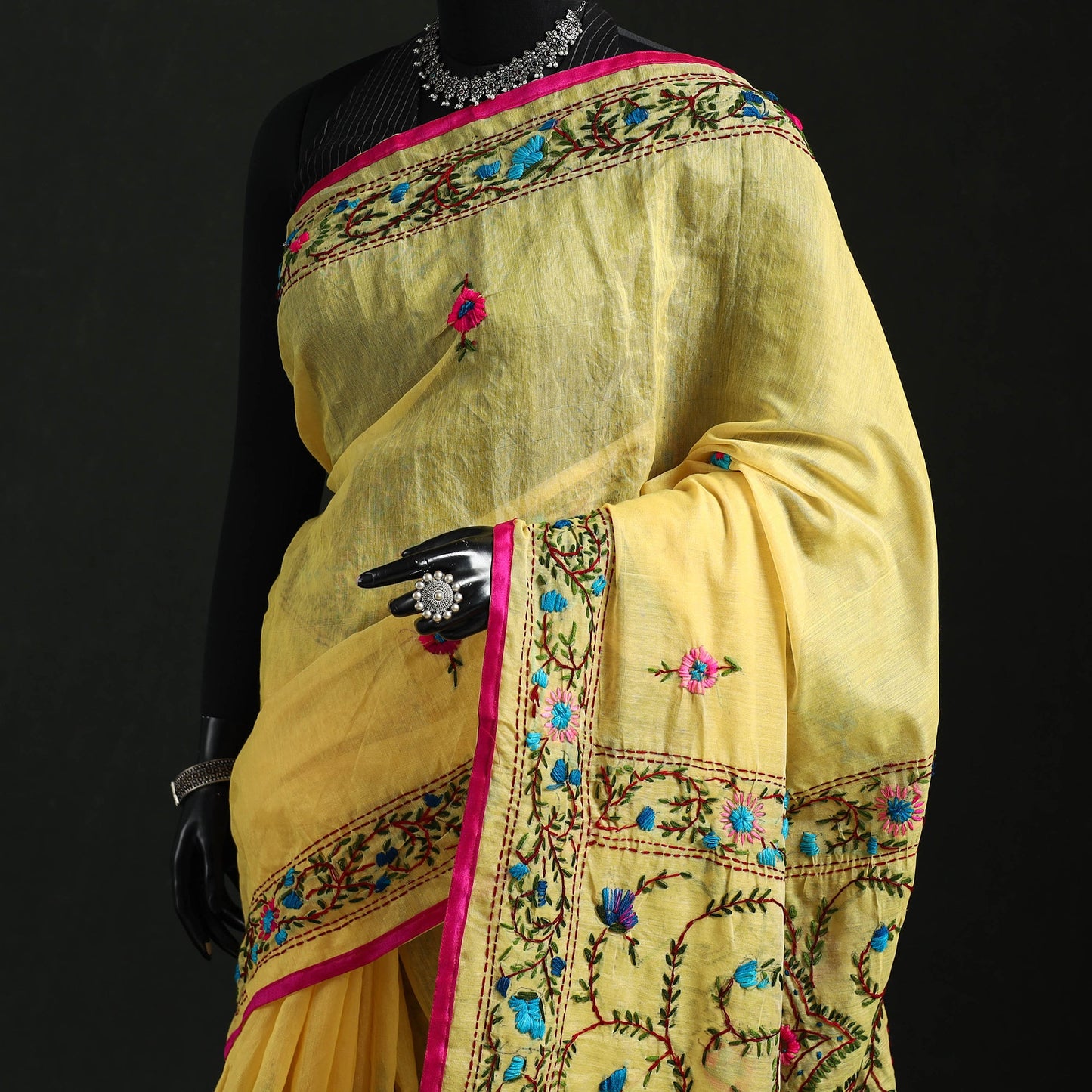 Hand embroidered chanderi silk chapa work phulkari saree 24