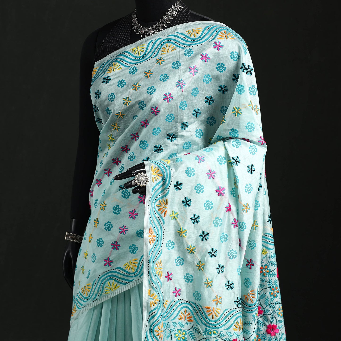 Hand embroidered chanderi silk chapa work phulkari saree 27