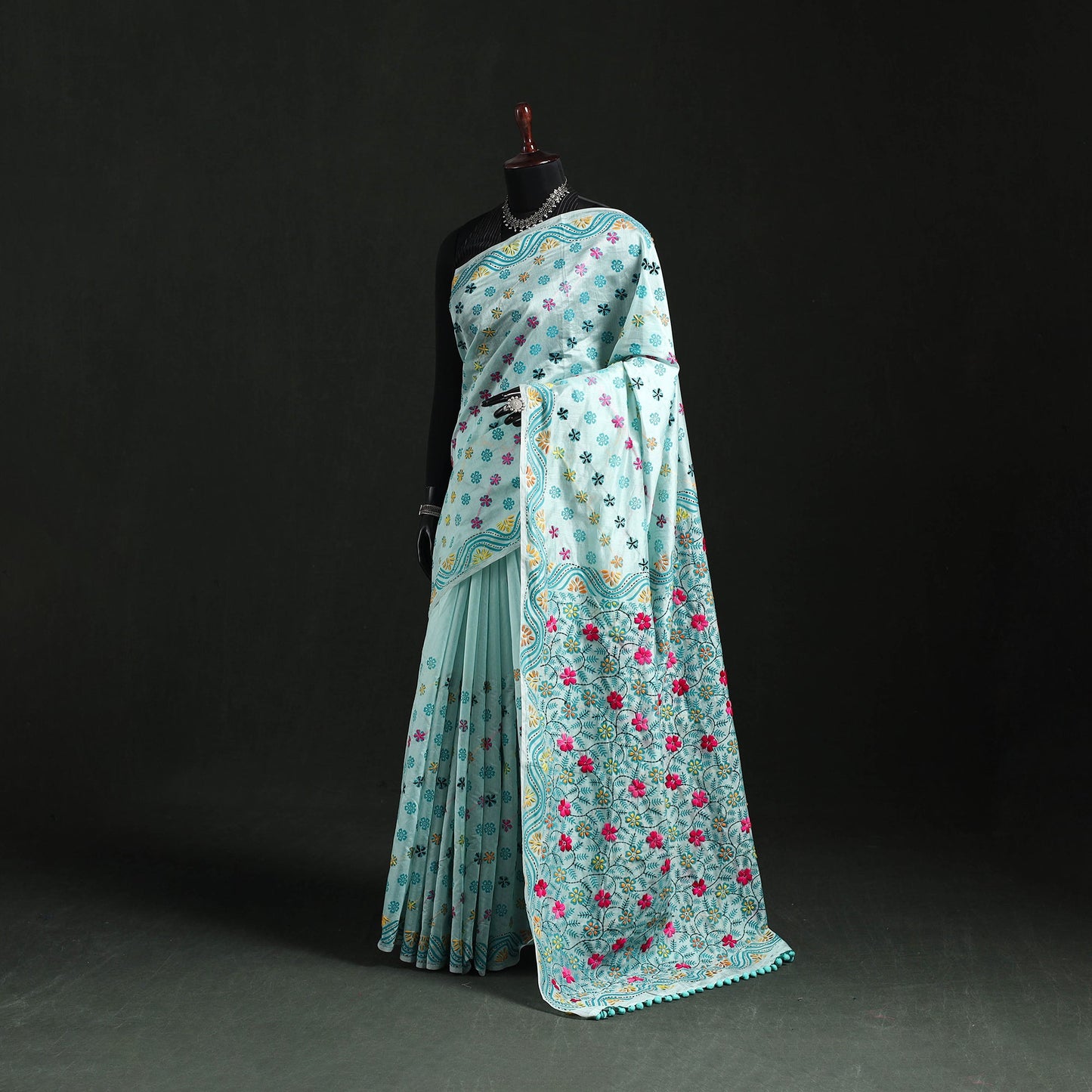 Hand embroidered chanderi silk chapa work phulkari saree 27