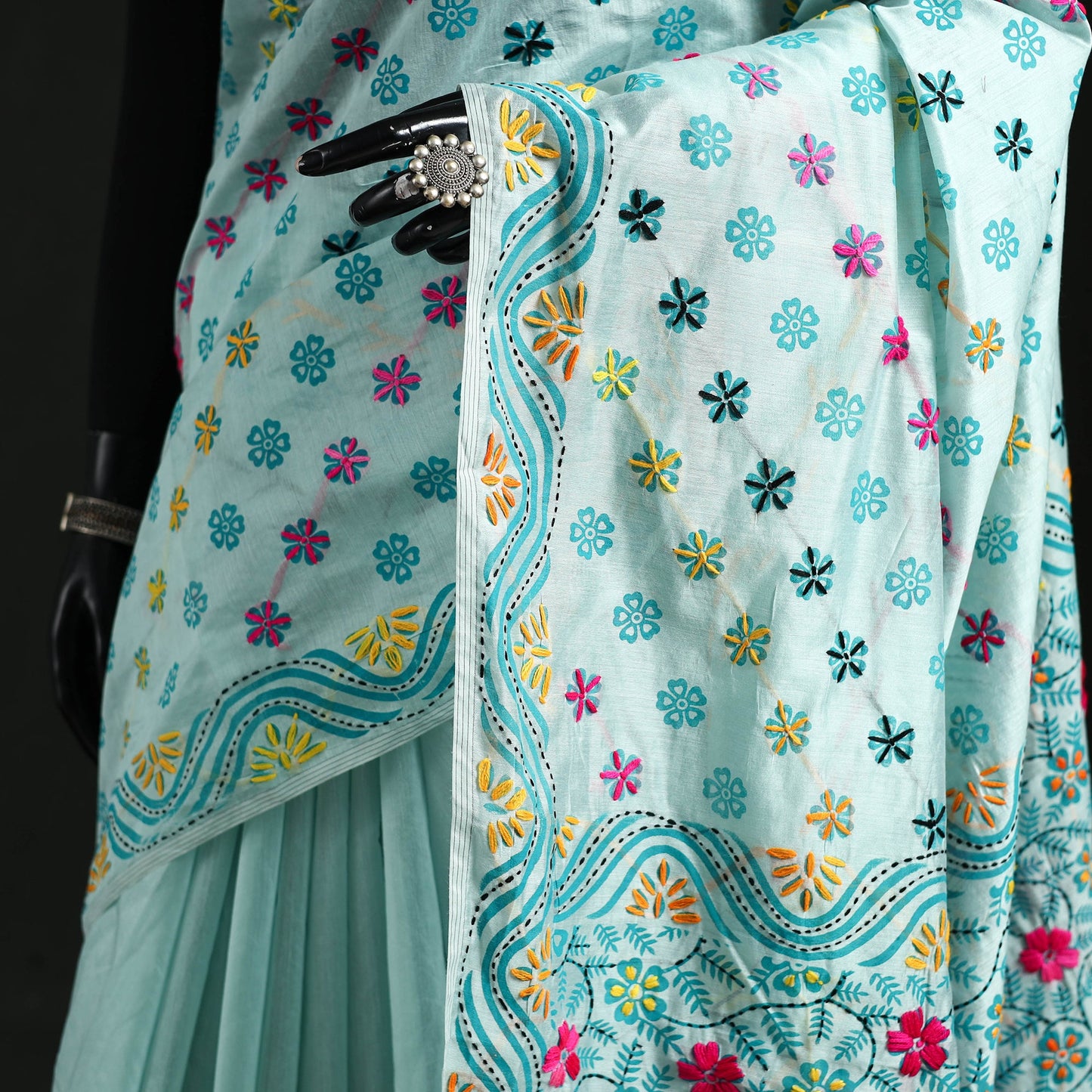 Hand embroidered chanderi silk chapa work phulkari saree 27