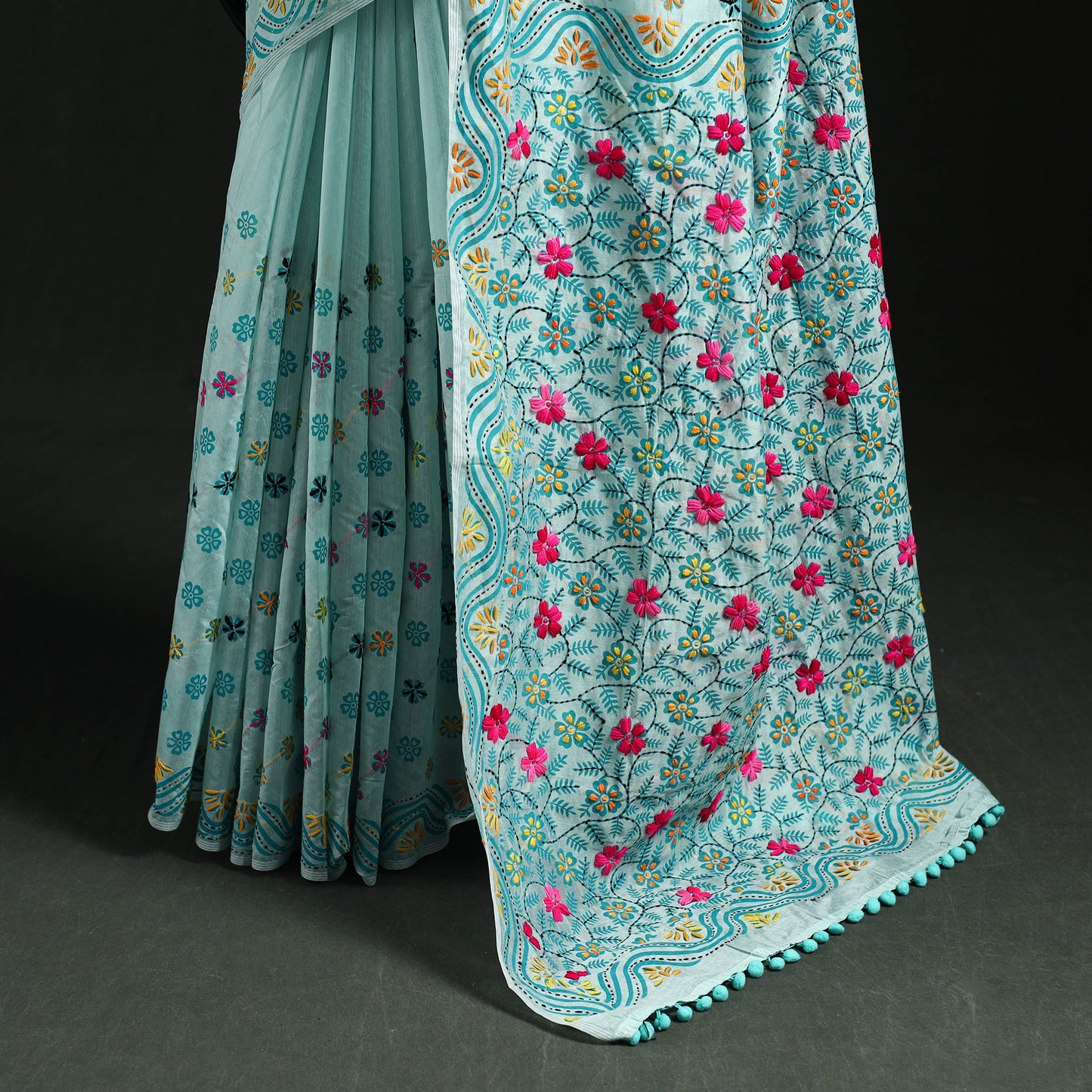 Hand embroidered chanderi silk chapa work phulkari saree 27