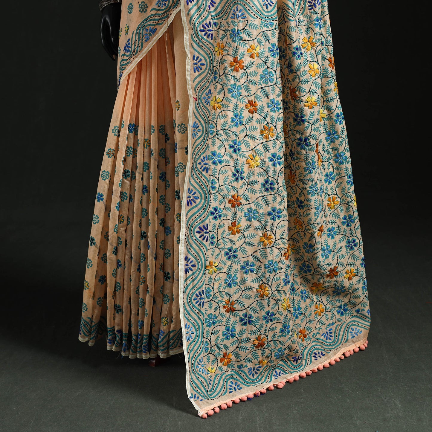 Hand embroidered chanderi silk chapa work phulkari saree 29