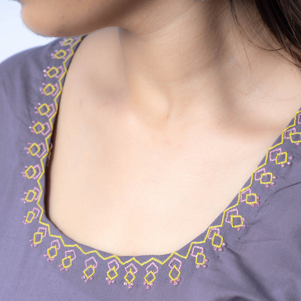 Hand Embroidered Pigeon Blue Cotton Long Kurta