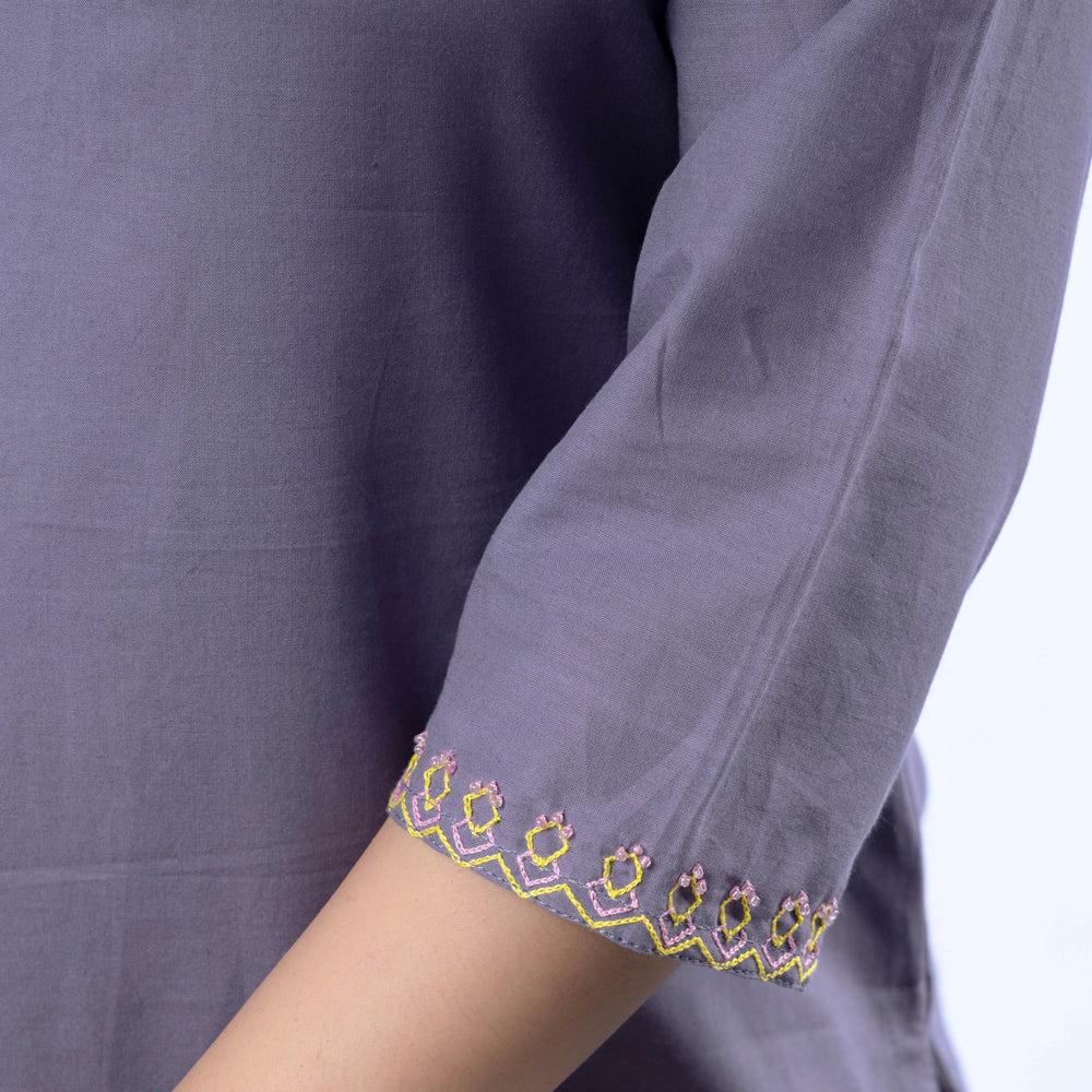 Hand Embroidered Pigeon Blue Cotton Long Kurta
