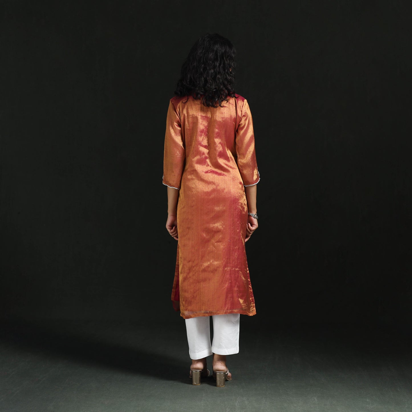 Hand embroidery fine tissue zari straight plain kurta