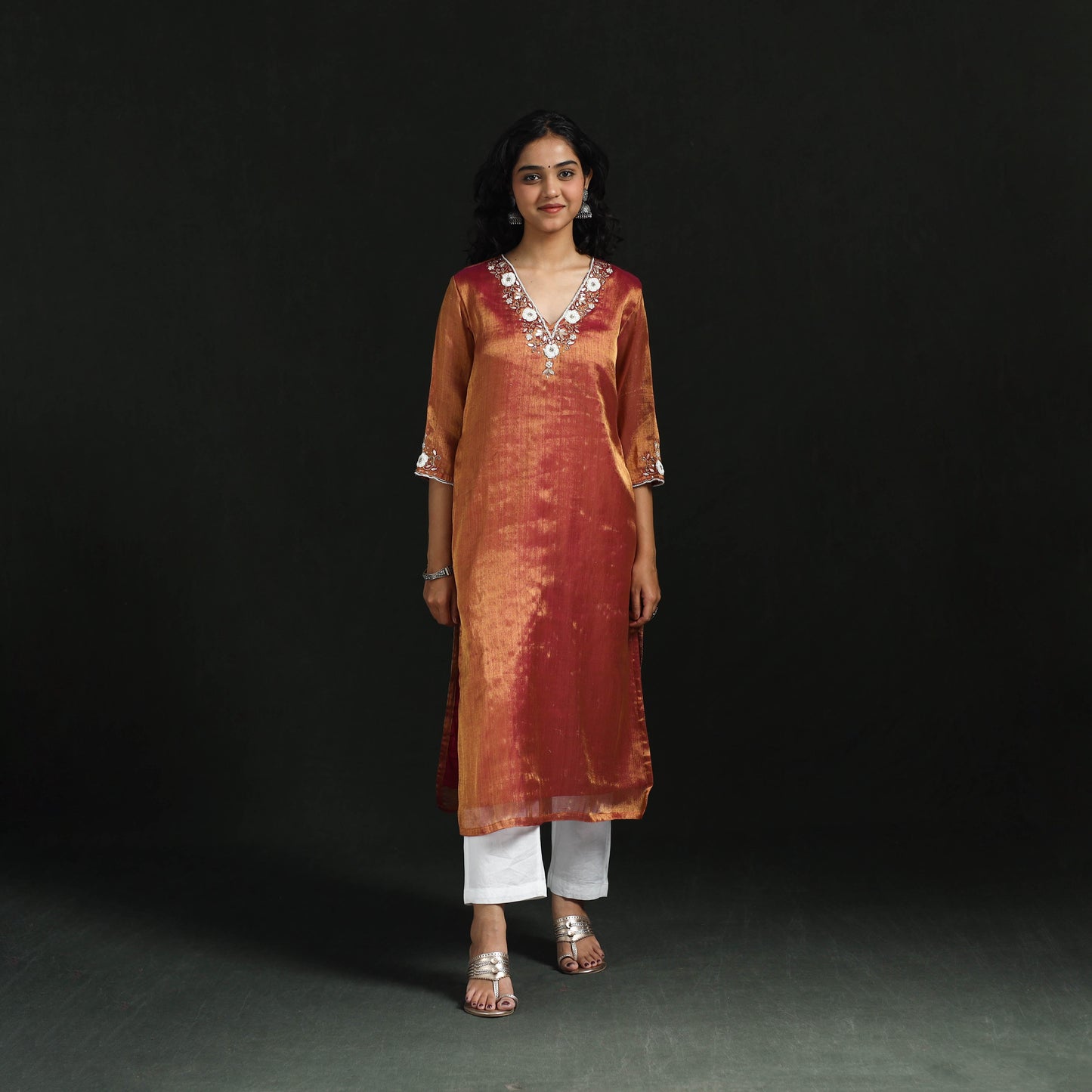 Hand embroidery fine tissue zari straight plain kurta
