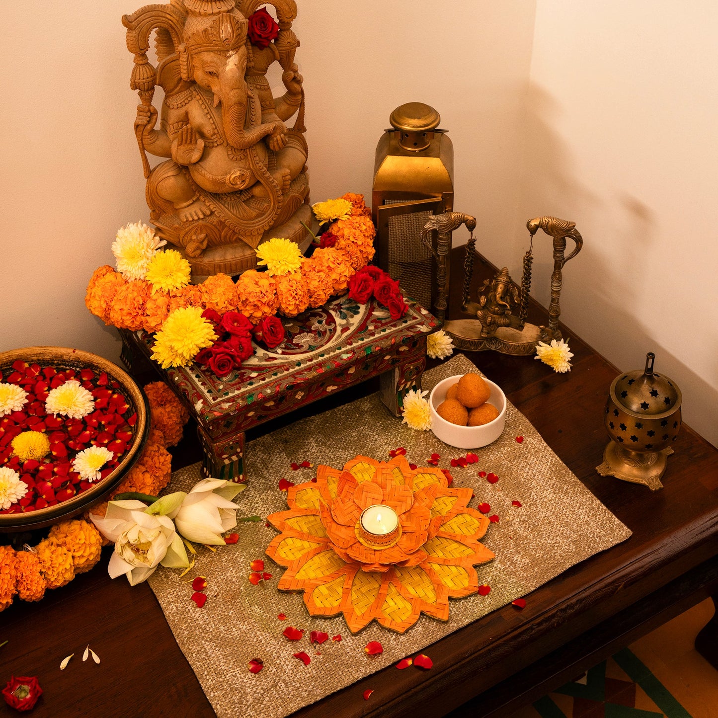 Handcrafted bamboo rangoli with lotus tea light holder