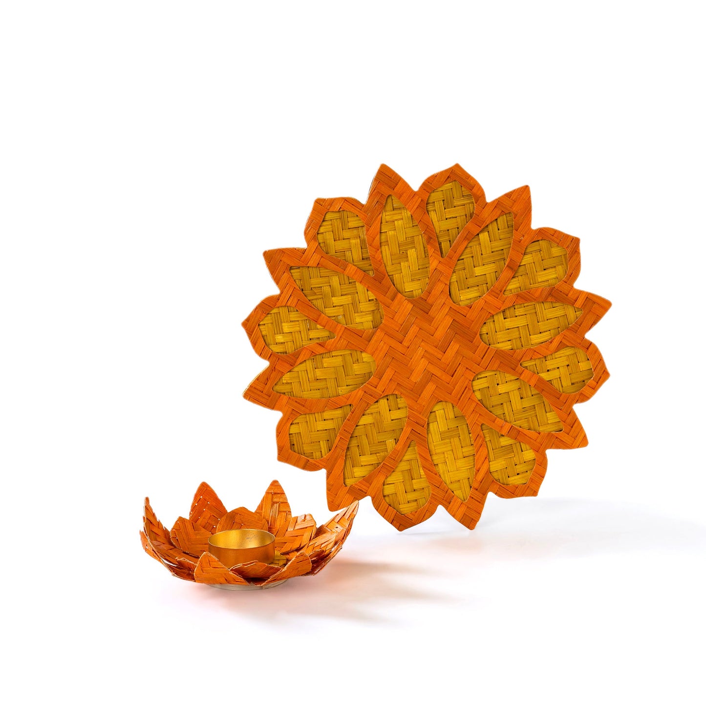 Handcrafted bamboo rangoli with lotus tea light holder
