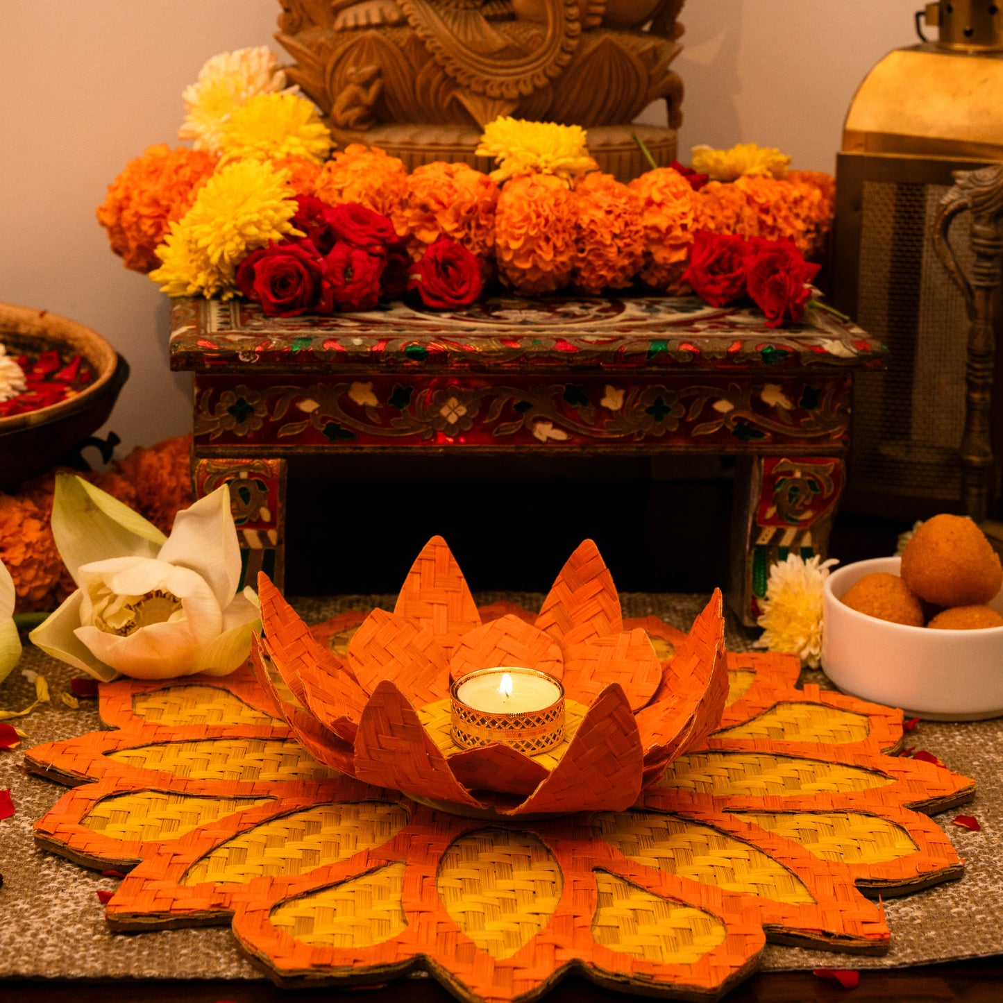 Handcrafted bamboo rangoli with lotus tea light holder