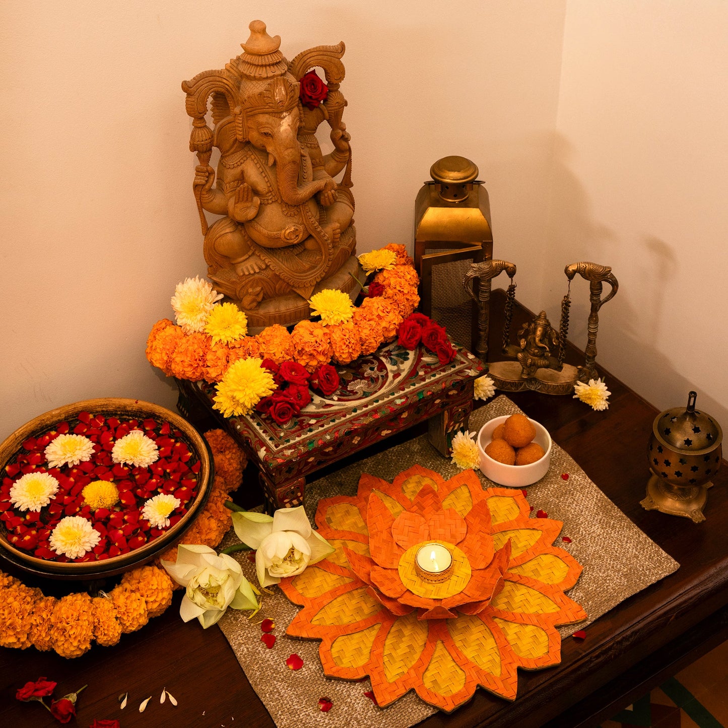 Handcrafted bamboo rangoli with lotus tea light holder