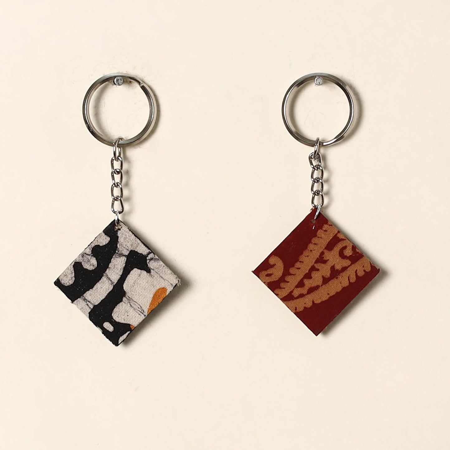 Handcrafted fabric embellished wood keychain (set of 2) 01