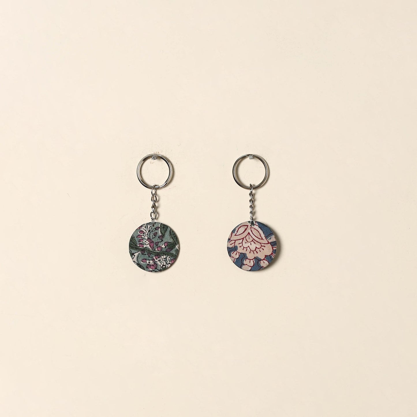Handcrafted fabric embellished wood keychain (set of 2) 02