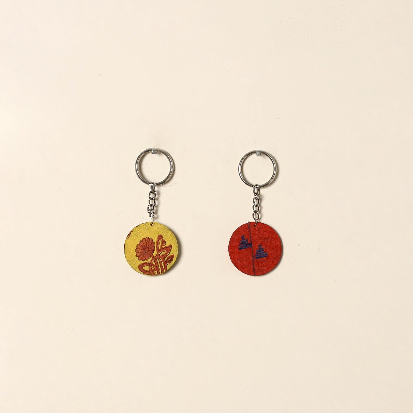 Handcrafted fabric embellished wood keychain (set of 2) 04