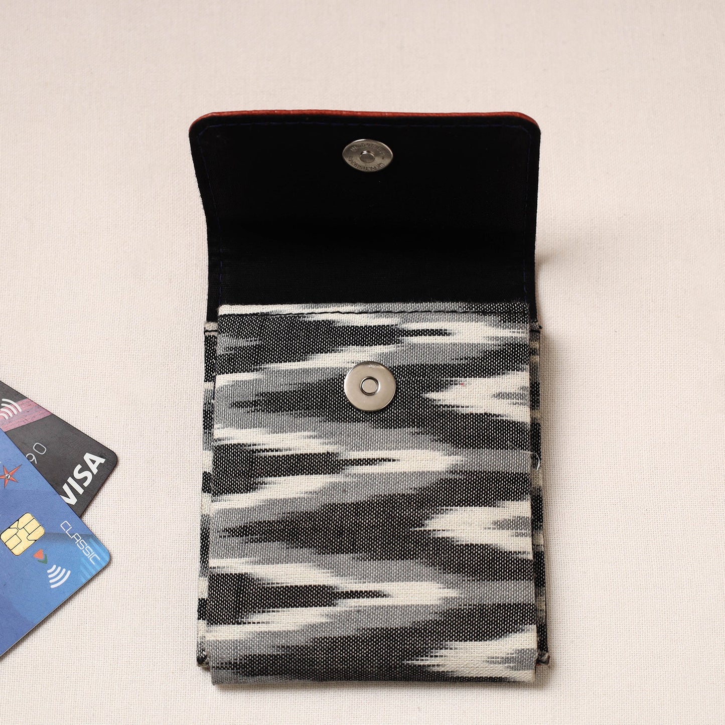 Handcrafted Ikat Fabric Card Holder with Embossed Leather Flap
