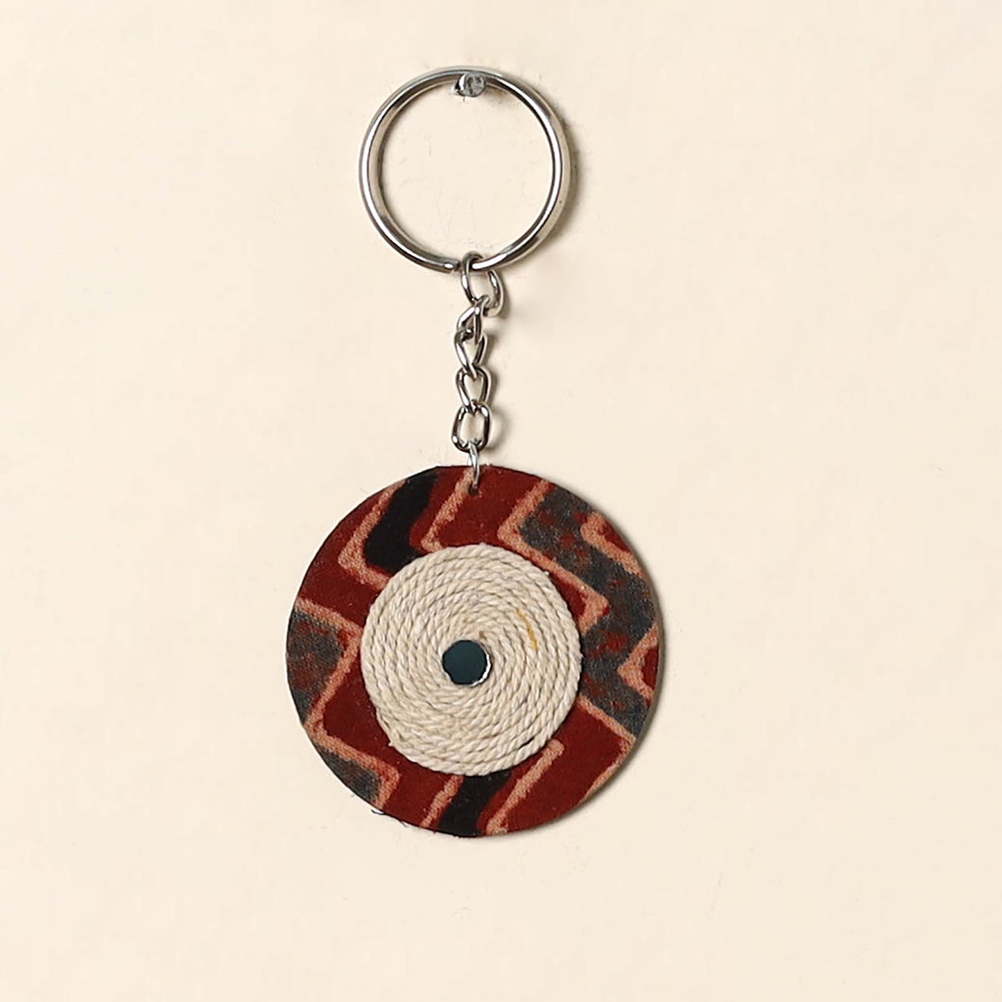 Handcrafted jute fabric embellished wood keychain 18