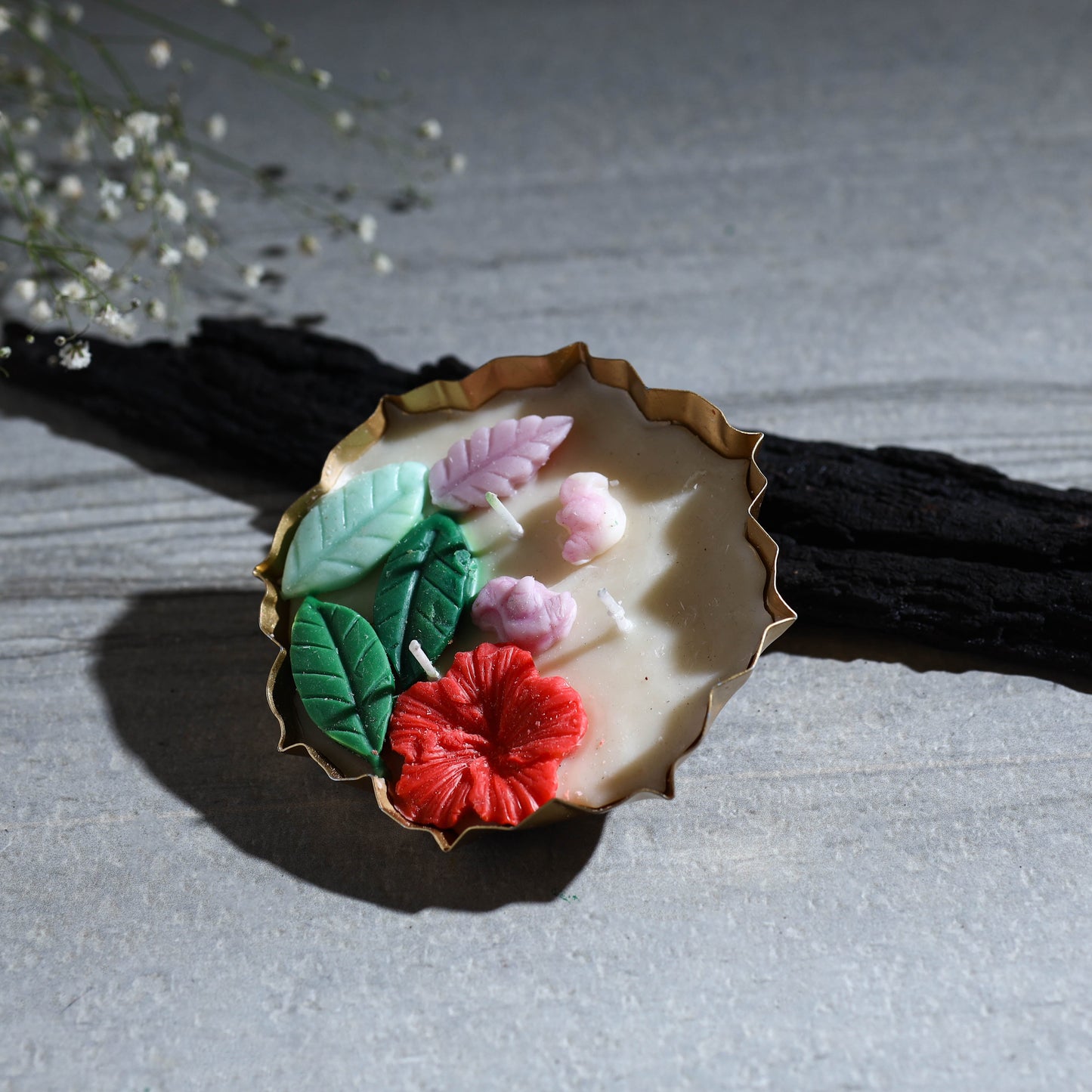 Handcrafted metal urli water lily pond soy wax scented