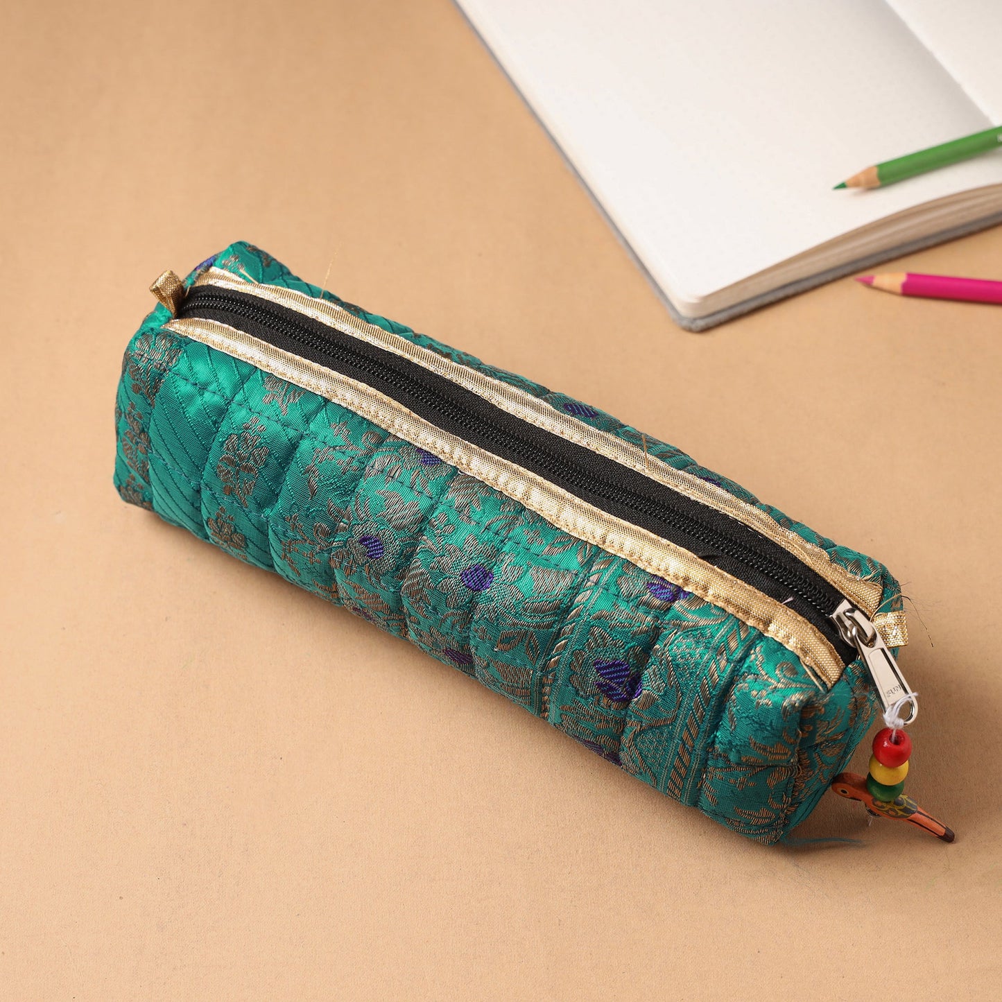 Handcrafted Quilted Banarasi Pencil Pouch