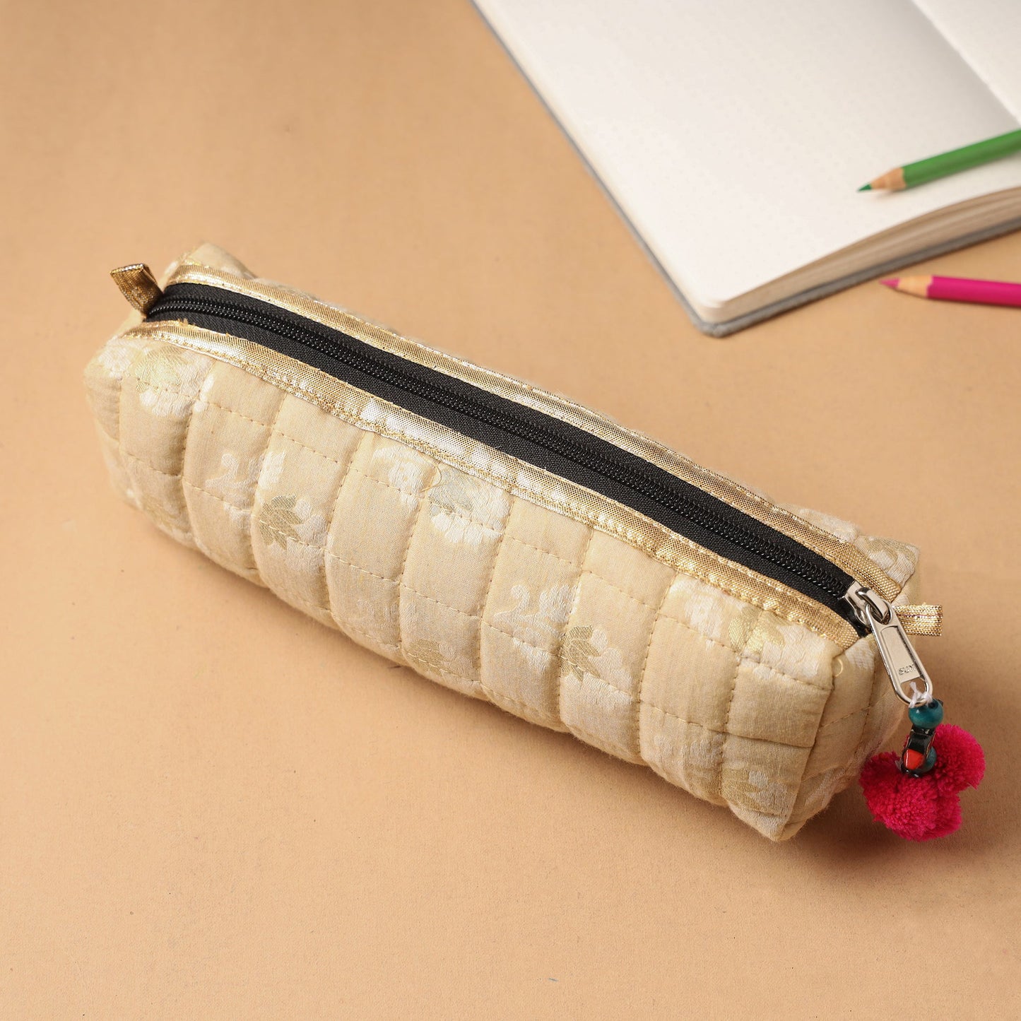 Handcrafted Quilted Banarasi Pencil Pouch