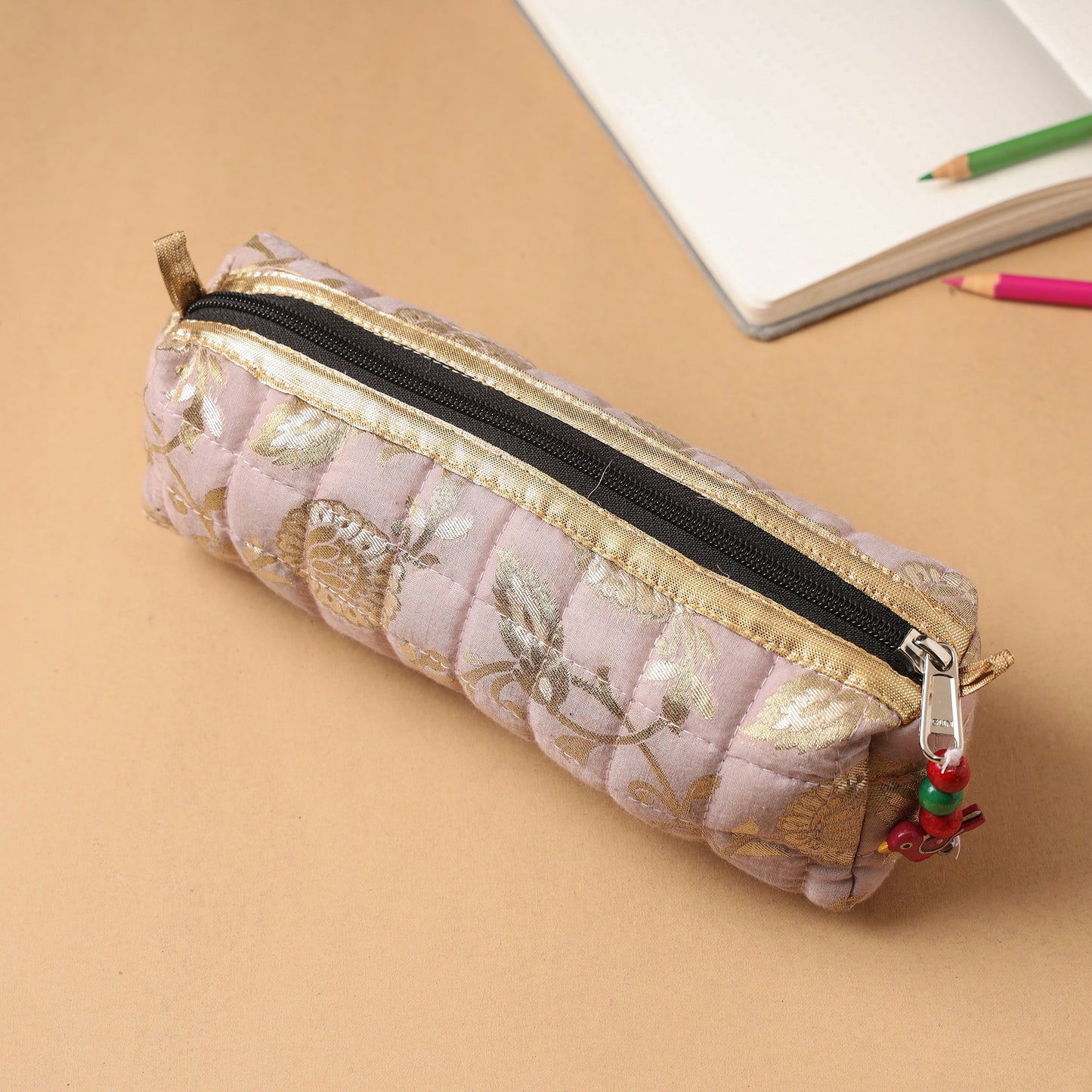 Handcrafted Quilted Banarasi Pencil Pouch